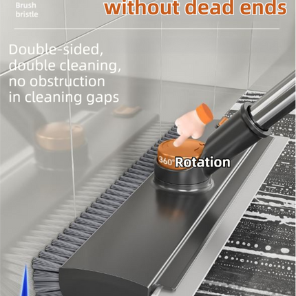 Grey and Orange 360°Rotating Detachable V-Shaped Floor Scrub Brush for Indoor & Outdoor Use – 3-in-1 Groove Corner Gap Cleaning Tool with Silicone Squeegee, 134CM Stainless Steel Telescopic Handle and Collection Clip