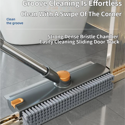 Grey and White 360°Rotating Detachable V-Shaped Floor Scrub Brush for Indoor & Outdoor Use – 3-in-1 Groove Corner Gap Cleaning Tool with Silicone Squeegee, 134CM Stainless Steel Telescopic Handle and Collection Clip