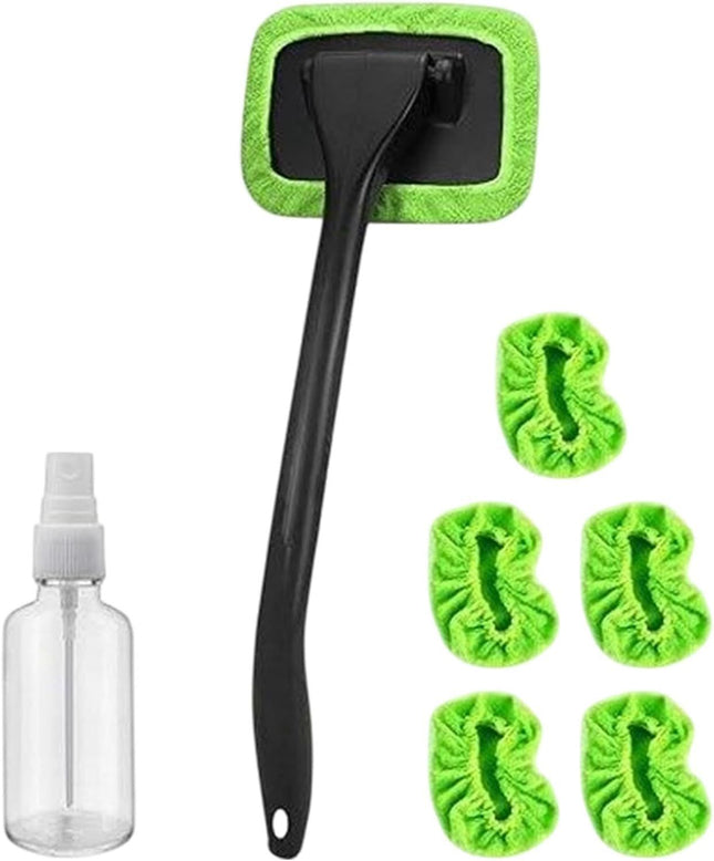 Car Windshield Rotating Defogger Cleaner Brush with 6 Washable Microfibre Pads Spray Bottle and Detachable