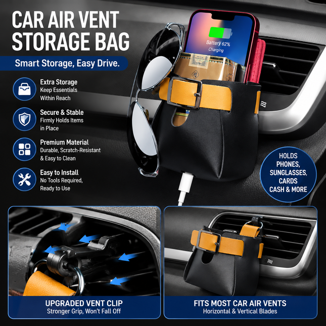 2-Pack Black Yellow Car Air Vent Leather Storage Pockets with Soft Velvet Lining & Vent V888-ELOSUNG52614
