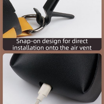 2-Pack Black Yellow Car Air Vent Leather Storage Pockets with Soft Velvet Lining & Vent Clip - Compact Hanging Organizer Storage Bag, Charging Cable Access and Open-top Design for Phone Keys Sunglasses and Bottles