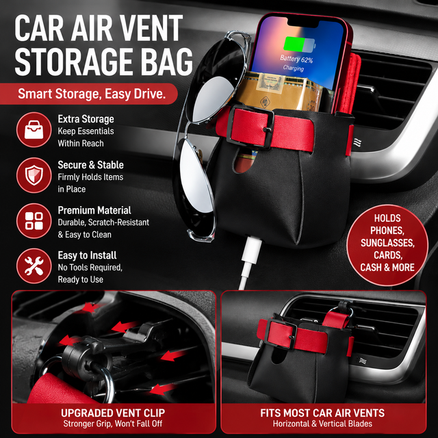 2-Pack Black Red Car Air Vent Leather Storage Pockets with Soft Velvet Lining & Vent V888-ELOSUNG52615
