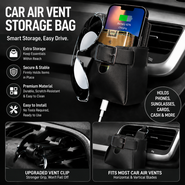 2-Pack Black Car Air Vent Leather Storage Pockets with Soft Velvet Lining & Vent V888-ELOSUNG52616