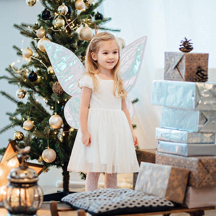 White Fairy Shimmering Butterfly Wings Costume with Elastic Shoulder Strap – Iridescent Translucent Angel Dress-Up Wings, Lightweight and Foldable for Girls, Princess Party, Halloween & Cosplay Accessory