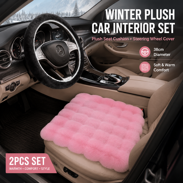 2-Piece Winter Warm Non-Slip Car Interior Comfort Combo with Pink Soft Bubble Fleece 3D Fluffy