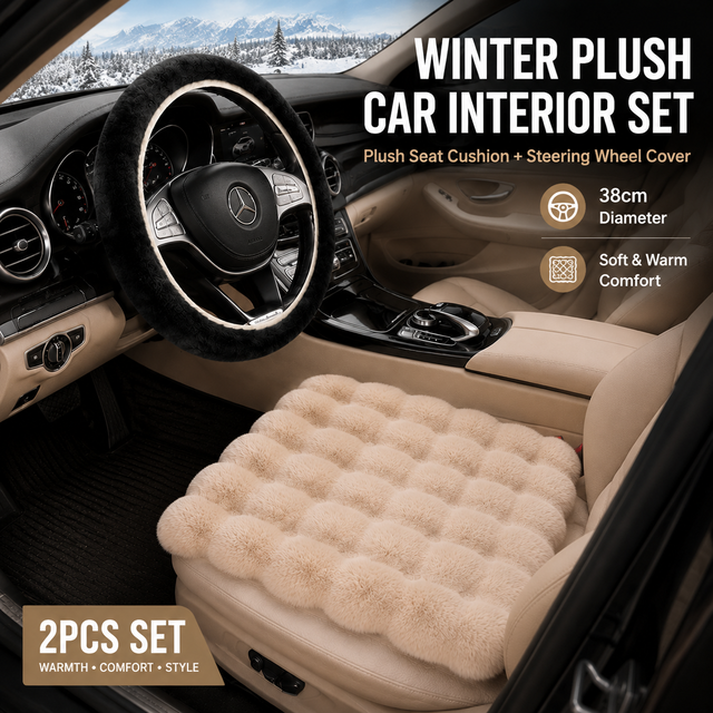2-Piece Winter Warm Non-Slip Car Interior Comfort Combo with Khaki Soft Bubble Fleece 3D Fluffy