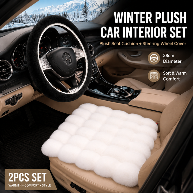 2-Piece Winter Warm Non-Slip Car Interior Comfort Combo with White Soft Bubble Fleece 3D Fluffy