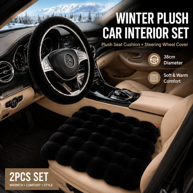 2-Piece Winter Warm Non-Slip Car Interior Comfort Combo with Black Soft Bubble Fleece 3D Fluffy