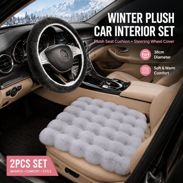 2-Piece Winter Warm Non-Slip Car Interior Comfort Combo with Grey Soft Bubble Fleece 3D Fluffy