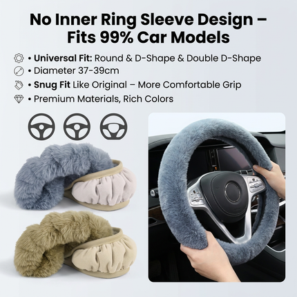 2-Piece Winter Warm Non-Slip Car Interior Comfort Combo with Grey Soft Bubble Fleece 3D Fluffy Car Seat Cushion and Black Plush Steering Wheel Cover, Universal Dia 38CM