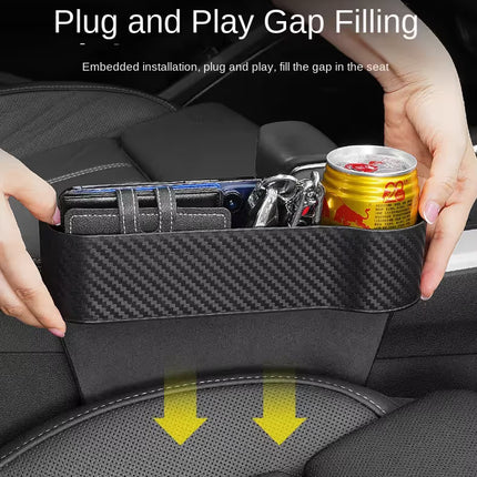 1 Pair Carbon Fiber Car Seat Gap Filler Organizer, Console Crevice Plug-in Storage Box for Main & Co-pilot, Multi Compartment Design with Cup Holder, Card Slot and Phone Charging Slot