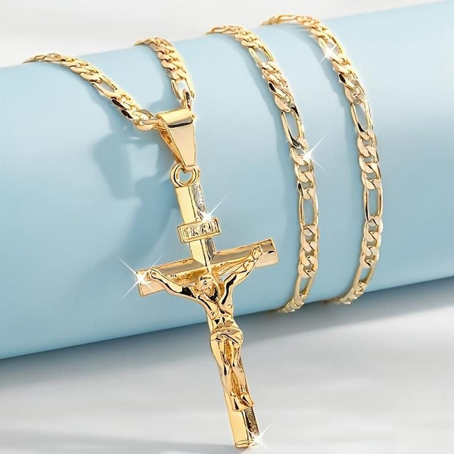 Vintage Gold-plated Jesus Cross Pendant Necklace with Smooth Long Chain & Gift Box Minimalist