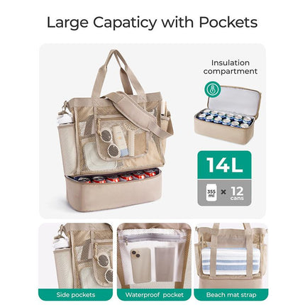 16.5 x 7.9 x 18.9" Black Beach Travel Mesh Tote Bag with 14L Insulated Drink Compartment - Multi Pockets Sandproof Beach Picnic Bag with Picnic Mat Strap, Cup Holder and Waterproof Phone Pocket