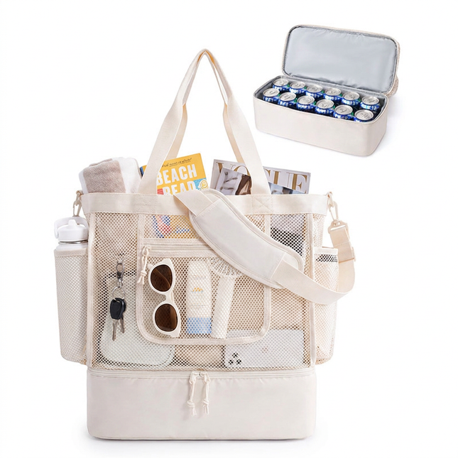 16.5 x 7.9 x 18.9 Beige Beach Travel Mesh Tote Bag with 14L Insulated Drink V888-ELOSUNG52647