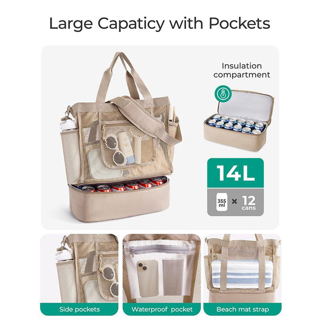 16.5 x 7.9 x 18.9 Beige Beach Travel Mesh Tote Bag with 14L Insulated Drink – product detail