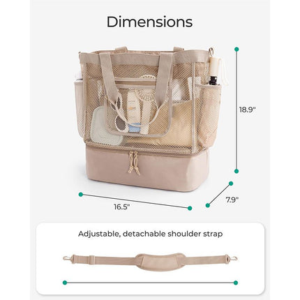 16.5 x 7.9 x 18.9" Khaki Beach Travel Mesh Tote Bag with 14L Insulated Drink Compartment - Multi Pockets Sandproof Beach Picnic Bag with Picnic Mat Strap, Cup Holder and Waterproof Phone Pocket