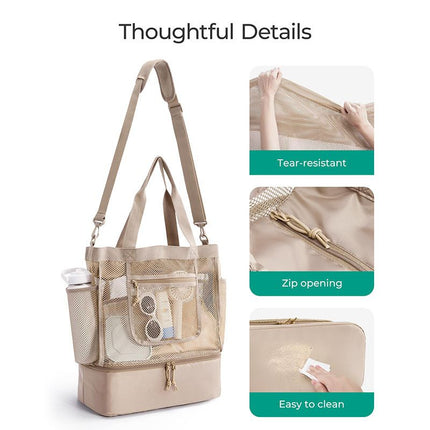 16.5 x 7.9 x 18.9" Light Blue Beach Travel Mesh Tote Bag with 14L Insulated Drink Compartment - Multi Pockets Sandproof Beach Picnic Bag with Picnic Mat Strap, Cup Holder and Waterproof Phone Pocket