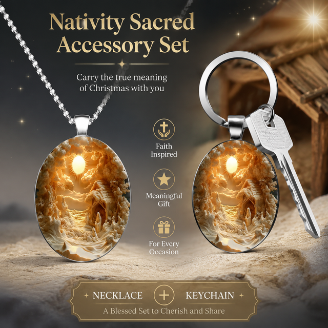 3D Nativity Scene Pendant Necklace & Keyring Set with Gift Box Christmas Glass Cabochon & Alloy Jewellery