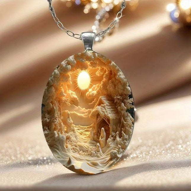 3D Nativity Scene Pendant Necklace & Keyring Set with Gift Box Christmas Glass Cabochon & Alloy Jewellery – product detail