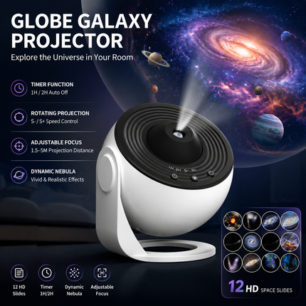White and Black USB Powered Galaxy Star Projector and Earth Globe Night Light with 12 HD Space Films, 1H / 2H Timer, Nebula Dynamic Rotation Effect & Adjustable Focus for Bedroom Home Decor
