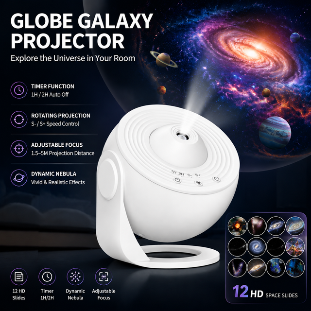 White USB Powered Galaxy Star Projector and Earth Globe Night Light with 12 HD Space V888-ELOSUNG52656