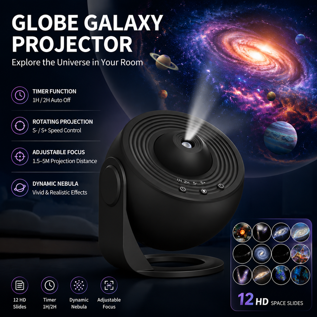 Black USB Powered Galaxy Star Projector and Earth Globe Night Light with 12 HD Space V888-ELOSUNG52657