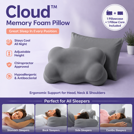 Grey Cloud Memory Foam Cervical Support Pillow Core and Cover (60 x 30 x 10CM) V888-ELOSUNG52664