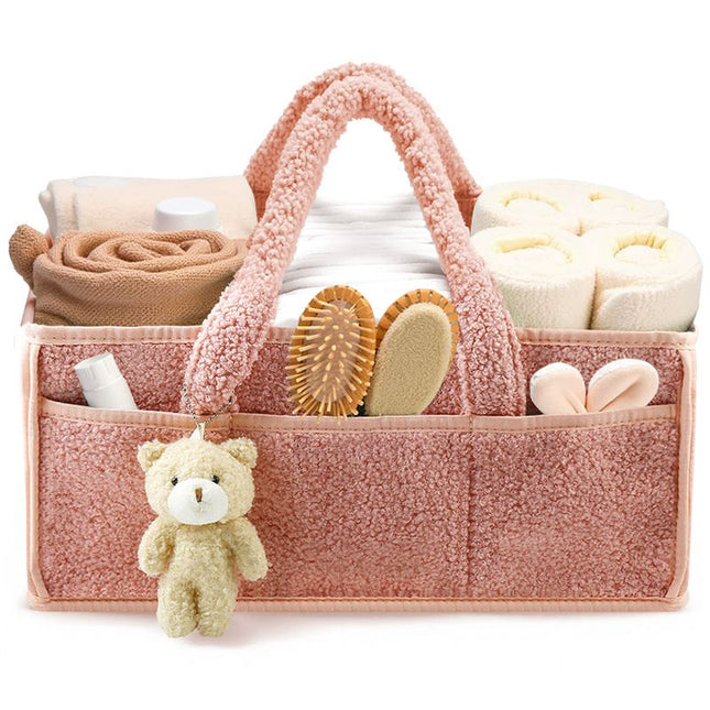 Pink Large Capacity Plush Baby Diaper Caddy Storage Tote Foldable Nursery Organizer Bag and Mommy