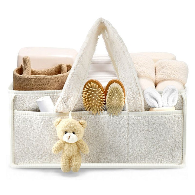 White Large Capacity Plush Baby Diaper Caddy Storage Tote Foldable Nursery Organizer Bag and Mommy (15.3 x