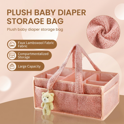 White Large Capacity Plush Baby Diaper Caddy Storage Tote, Foldable Nursery Organizer Bag and Mommy Handbag with Muti Pockets, 4 Adjustable Dividers and Teddy Charm for Travel & Home Use (15.3 x 10.6 x 7")
