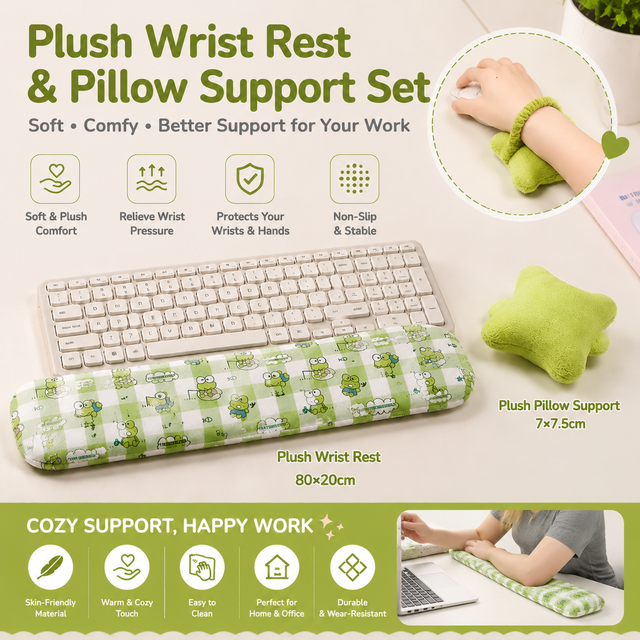 Green Ergonomic Plush Wrist Rest 2PCS Set 80 x 20cm Keyboard Wrist Pad Plus Pillow-Shaped
