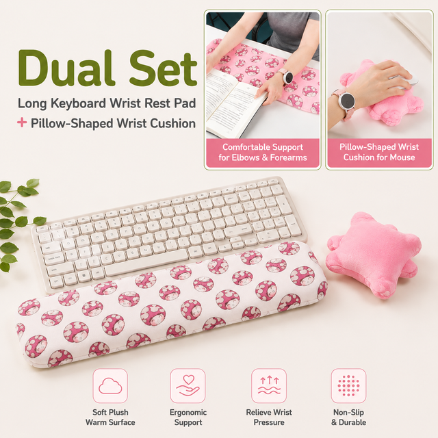 Pink Ergonomic Plush Wrist Rest 2PCS Set 80 x 20cm Keyboard Wrist Pad Plus Pillow-Shaped