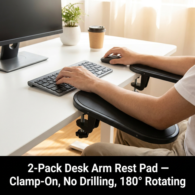 2 Pack Black 180 Degree Rotating Ergonomic Arm Rest for Desk Clamp On Computer Wrist & Elbow Support
