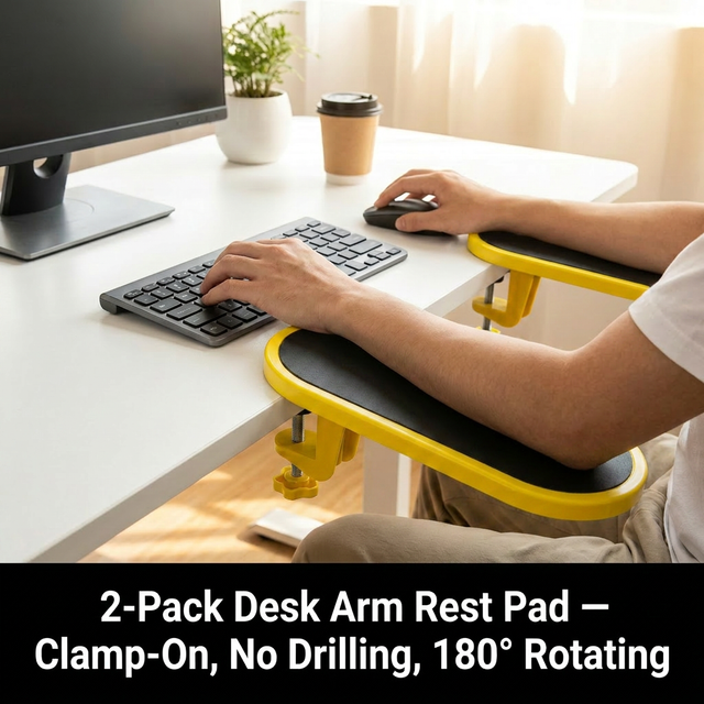 2 Pack Black Yellow 180 Degree Rotating Ergonomic Arm Rest for Desk Clamp On Computer Wrist & Elbow Support