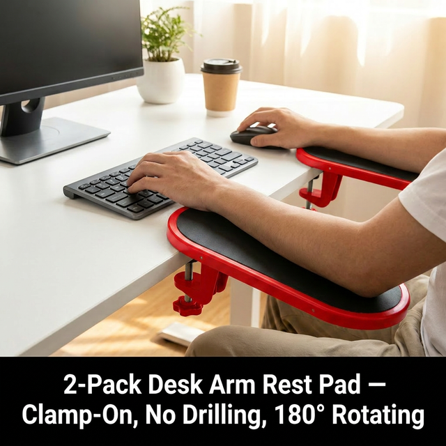 2 Pack Black Red 180 Degree Rotating Ergonomic Arm Rest for Desk Clamp On Computer Wrist & Elbow Support