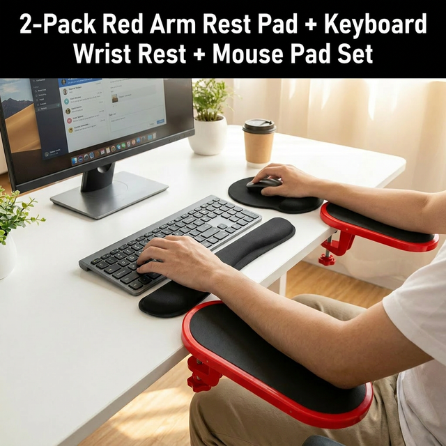 4-Piece Black Red Ergonomic Desk Arm Rest & Wrist Support Set with 2 Pack Clamp-On V888-ELOSUNG52683