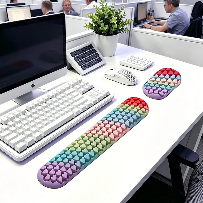 2-Piece Colorful Heart Silicone Ergonomic Keyboard & Mouse Wrist Pad Set Washable Non-Slip Gel Hand Support
