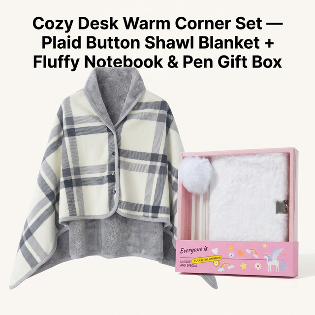 Warm Cozy Study and Office Corner Set with Wearable Dual Layer Fleece Shawl Blanket and V888-ELOSUNG52686