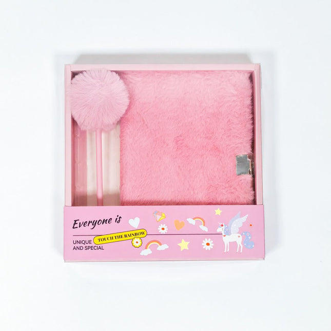 Pink Plush A5 Notebook and Pom Pom Pen Gift Box with Privacy Lock & V888-ELOSUNG52689