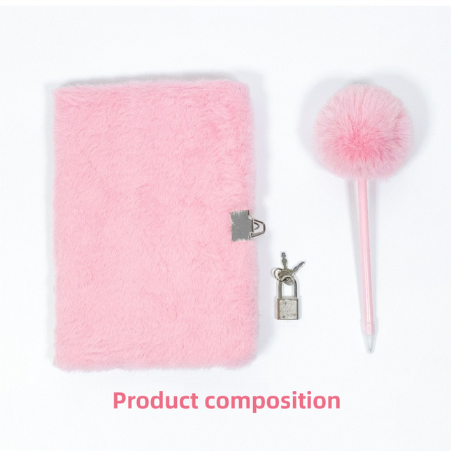 Pink Plush A5 Notebook and Pom Pom Pen Gift Box with Privacy Lock & – product detail
