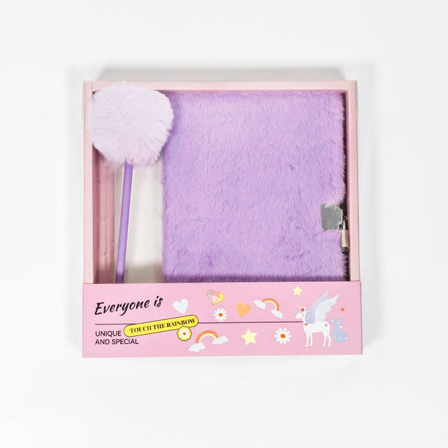 Purple Plush A5 Notebook and Pom Pom Pen Gift Box with Privacy Lock & V888-ELOSUNG52690