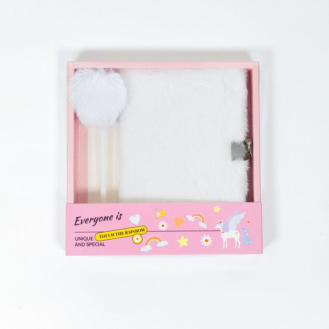 White Plush A5 Notebook and Pom Pom Pen Gift Box with Privacy Lock & V888-ELOSUNG52691