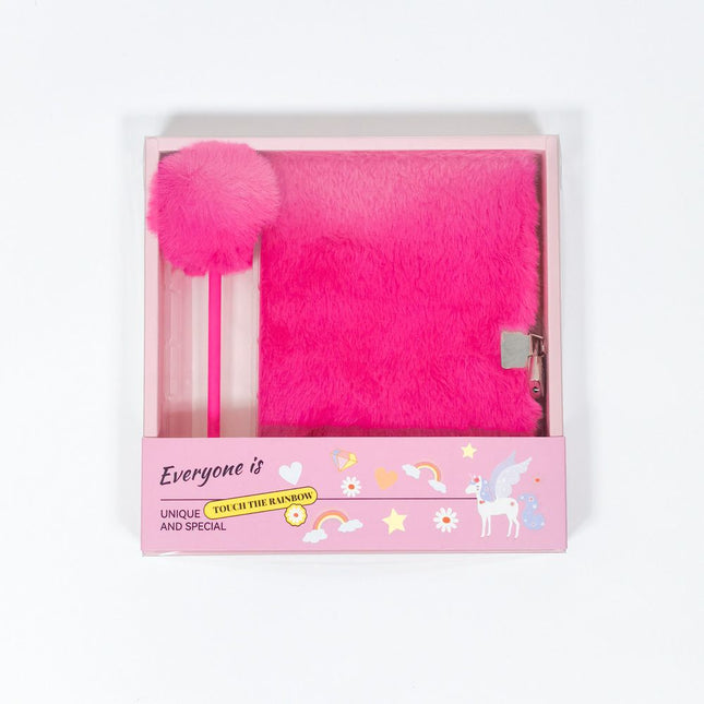 Rose Red Plush A5 Notebook and Pom Pom Pen Gift Box with Privacy Lock & V888-ELOSUNG52692