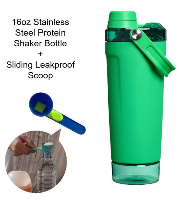 Green Sports Nutritional Drinkware Set with 16oz Stainless Steel Protein Shaker Bottle and Sliding