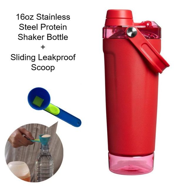 Red Sports Nutritional Drinkware Set with 16oz Stainless Steel Protein Shaker Bottle and Sliding Anti-spill