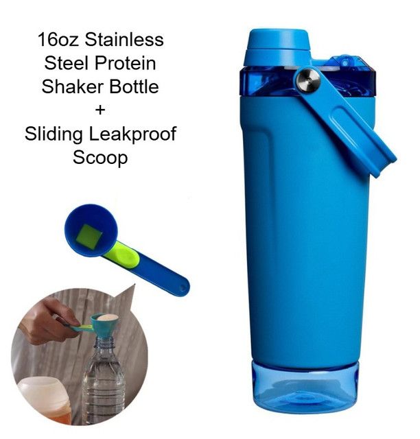 Blue Sports Nutritional Drinkware Set with 16oz Stainless Steel Protein Shaker Bottle and Sliding Anti-spill