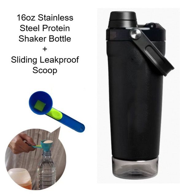 Black Sports Nutritional Drinkware Set with 16oz Stainless Steel Protein Shaker Bottle and Sliding