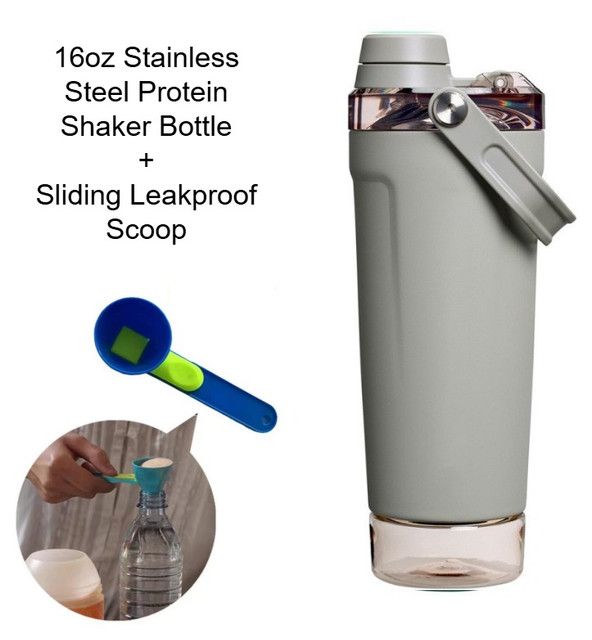 Grey Sports Nutritional Drinkware Set with 16oz Stainless Steel Protein Shaker Bottle and Sliding Anti-spill