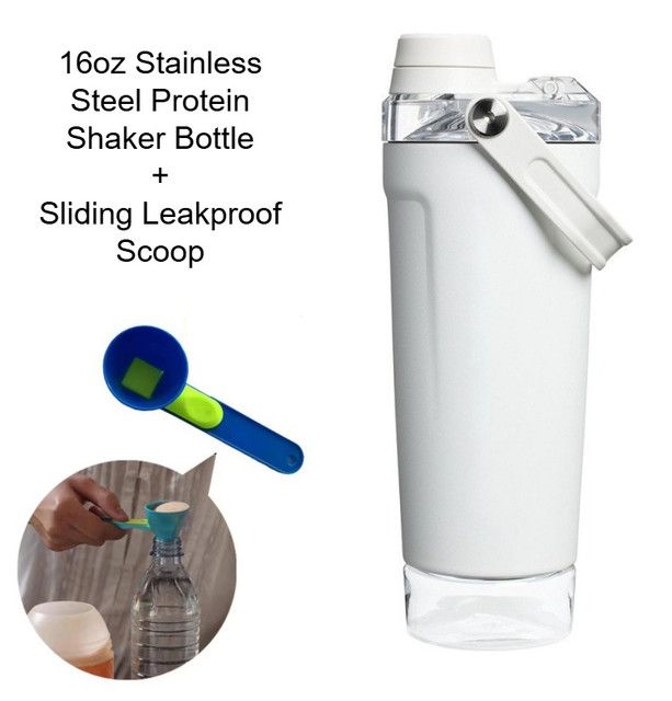 White Sports Nutritional Drinkware Set with 16oz Stainless Steel Protein Shaker Bottle and Sliding