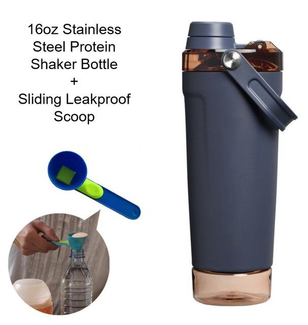 Navy Blue Sports Nutritional Drinkware Set with 16oz Stainless Steel Protein Shaker Bottle and